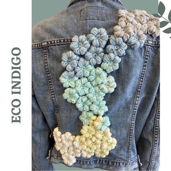 Eco Indigo Upcycled Jean Jacket Floral Crochet Flowers Cotton Blue Size Large - Picture 9 of 10